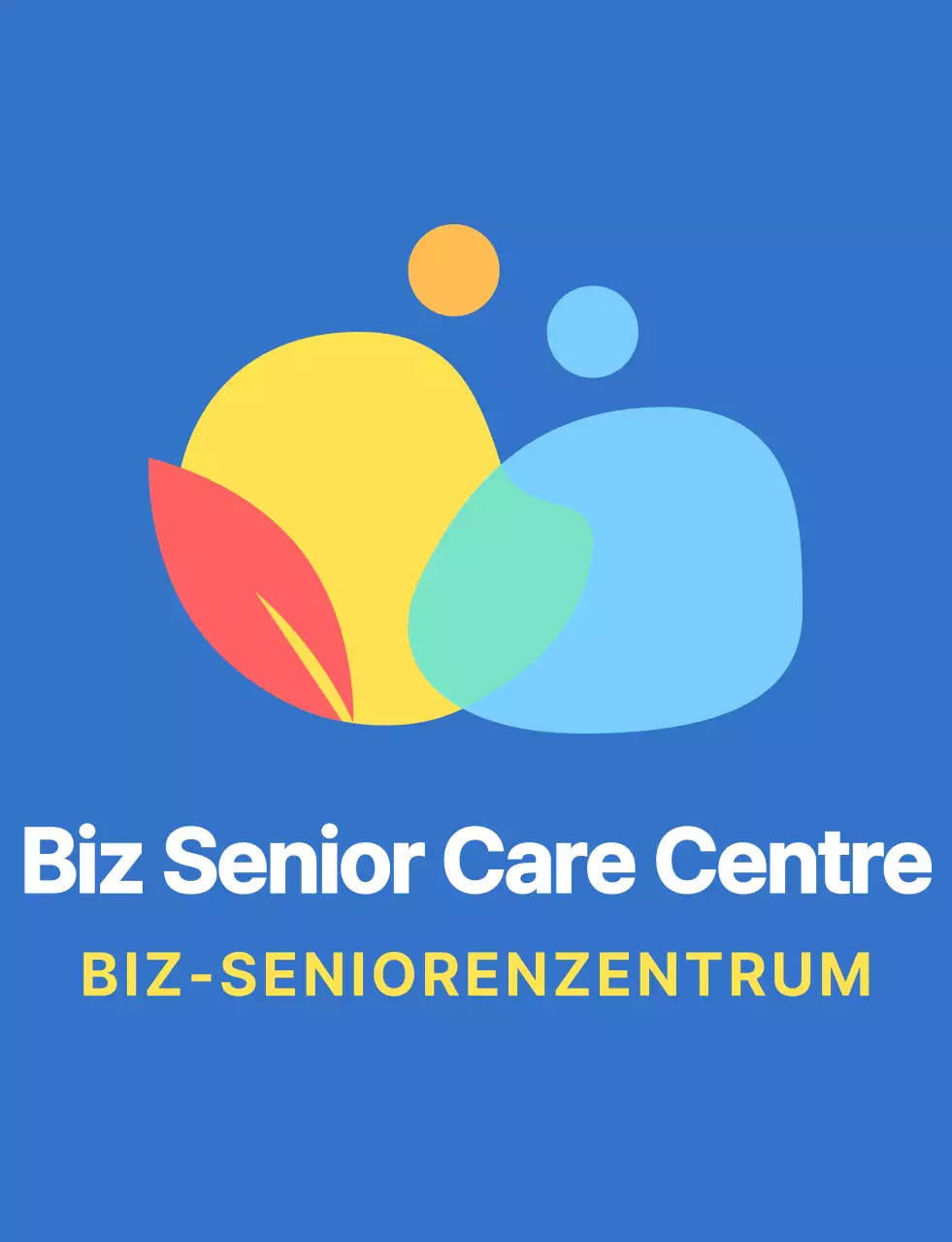 Abgerundetes und einfaches Logo im Stil eines menschlichen Symbols mit blauen und bunten Farbkombinationen für das Personal eines Pflegezentrums