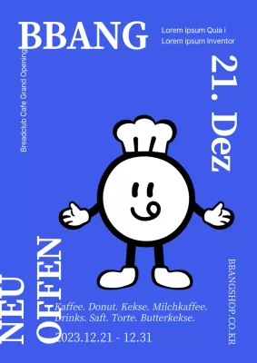 Ein einfaches, blaues Plakat, das für die Eröffnung einer Konditorei wirbt.
