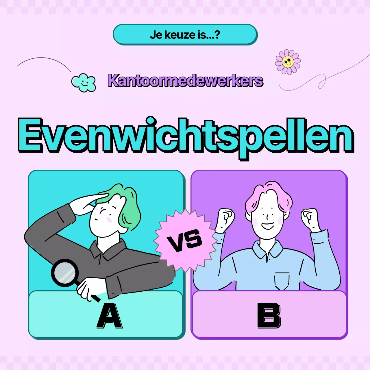 Mint, paars en roze balansspel voor kantoormedewerkers CardNews