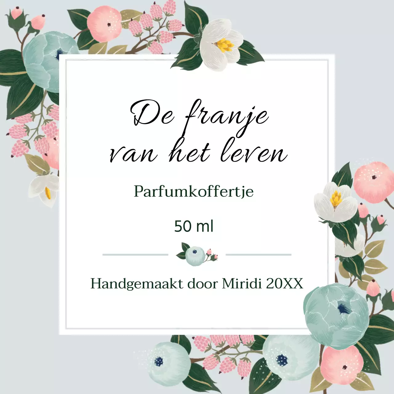 Vintage parfumlabel met blauwe illustratie