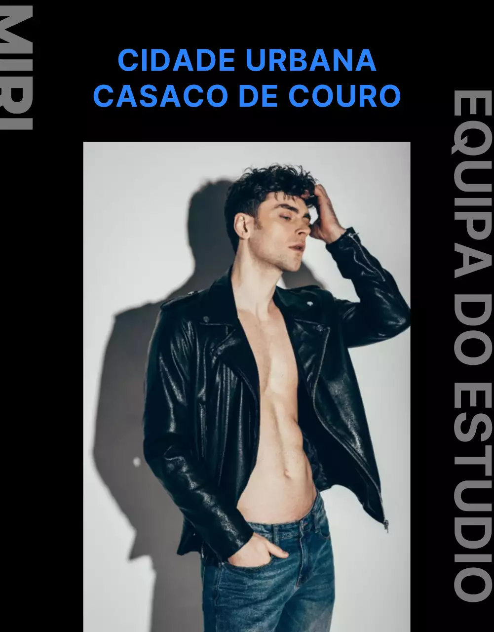 Loja de casacos de cabedal com layout de imagem em preto e azul