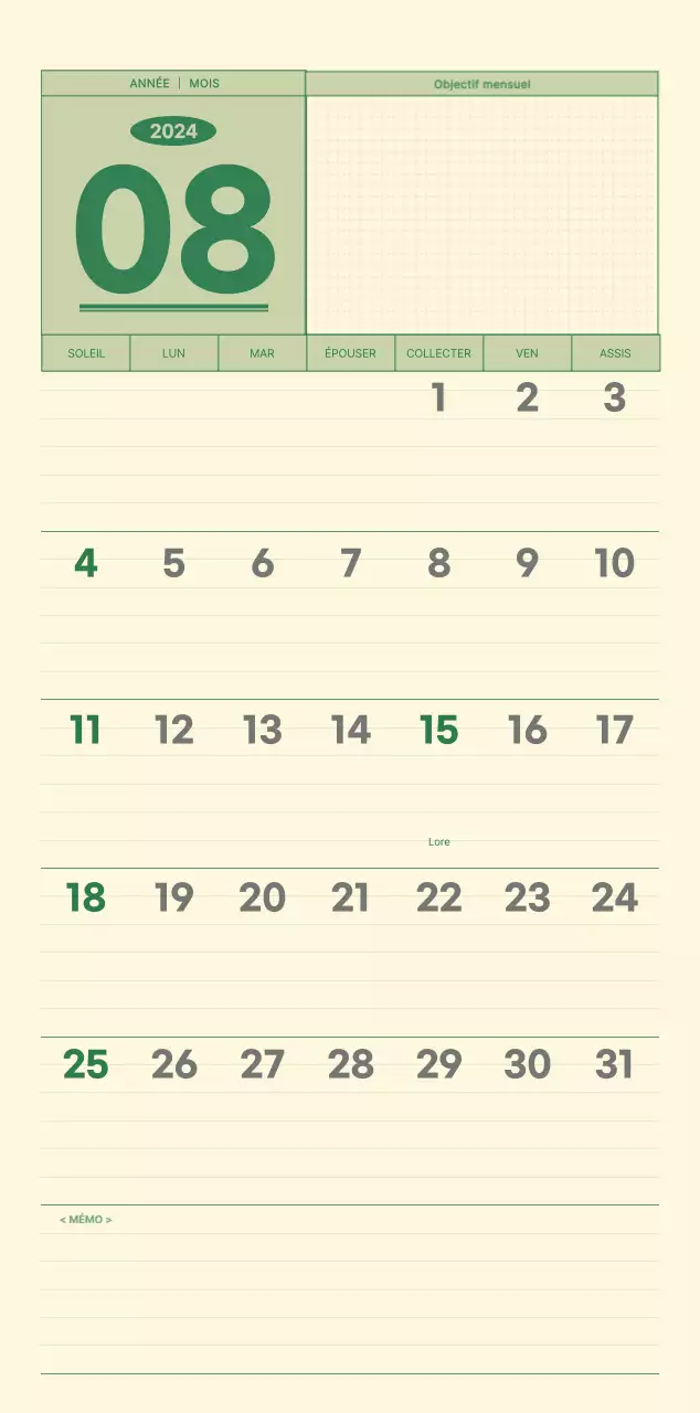 Calendrier mural SAT D-day notepad concept en vert et jaune clair