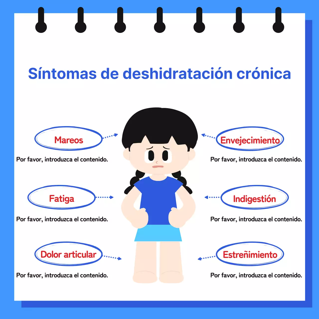 Información sobre la deshidratación crónica en formato de cuaderno con simpáticas y sencillas ilustraciones en azul y azul claro.