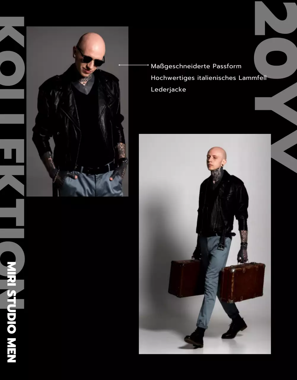 Lederjacken-Shop mit schwarzem und blauem Bild-Layout