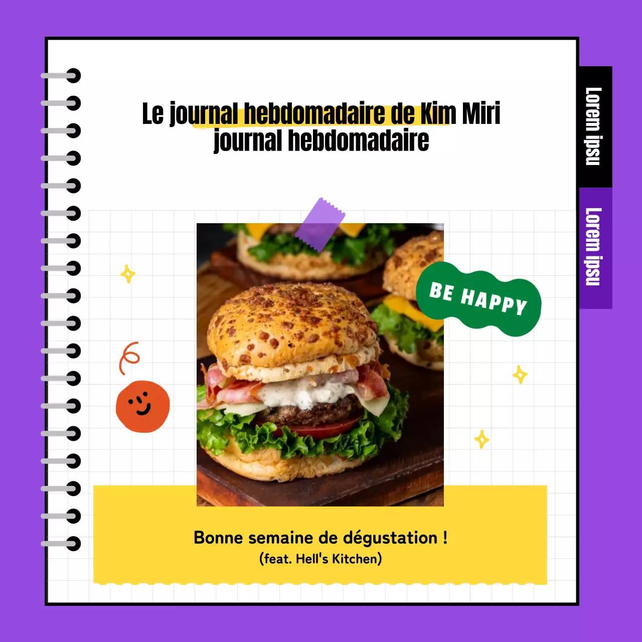 Modèle d'agenda hebdomadaire coloré en violet et jaune