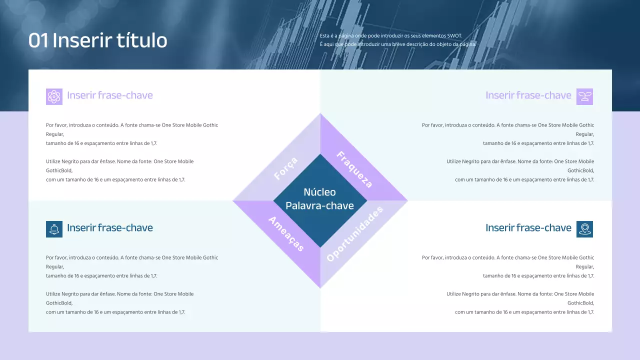 Infografia SWOT em azul e lilás