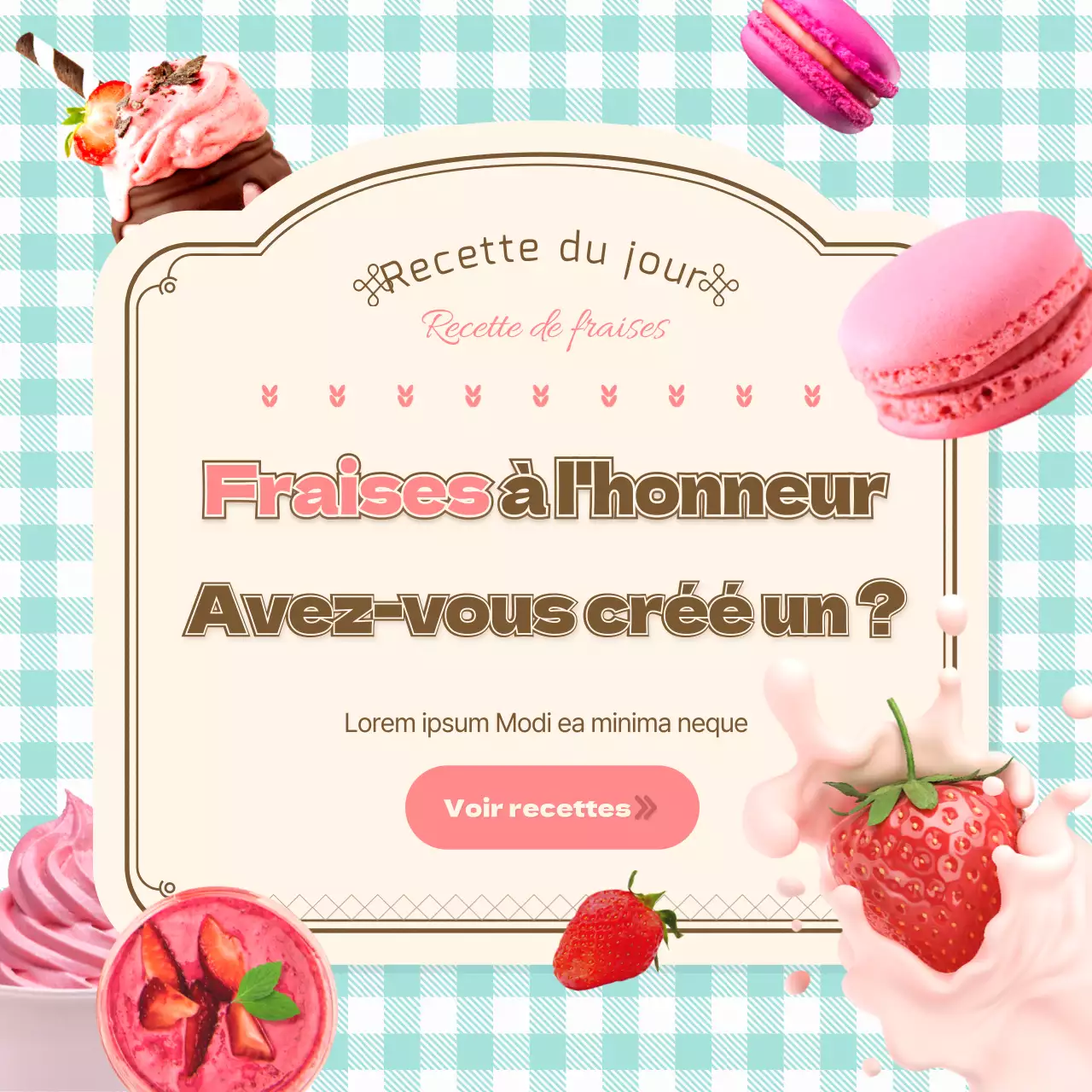 Une collection de recettes mignonnes à base de fraises, en rose et menthe