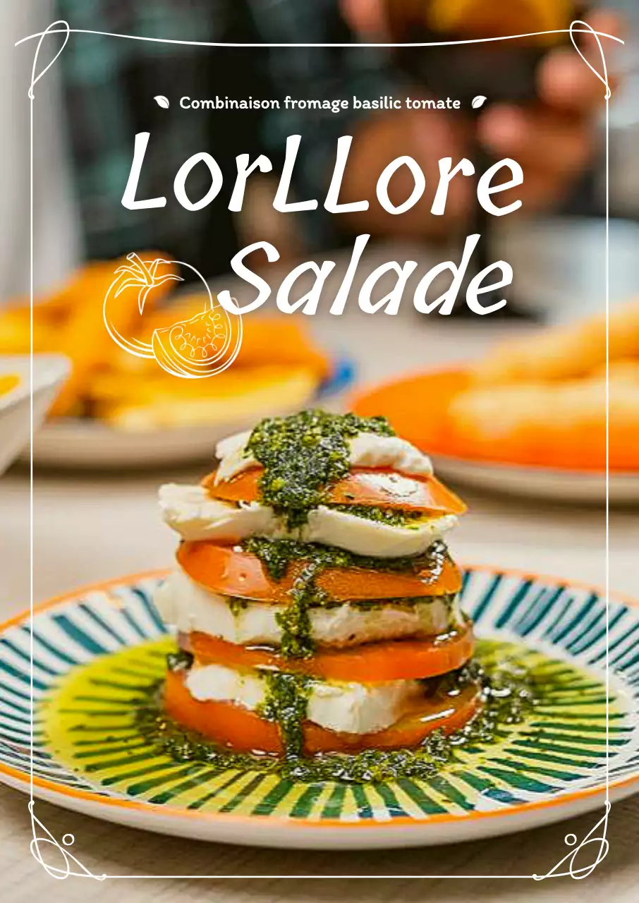 Introduction au menu avec des photos colorées de salades dans un cadre blanc élégant