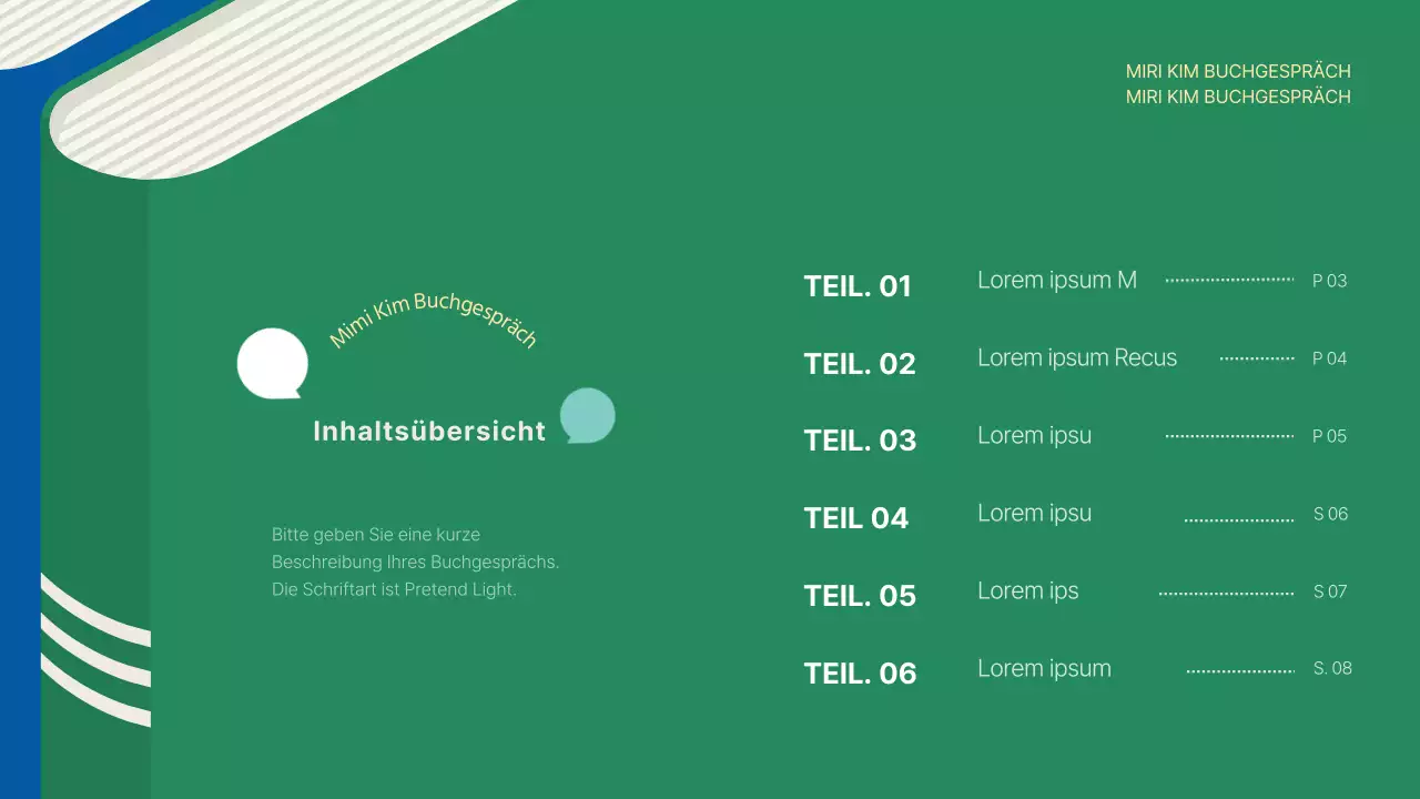 Eine einfache grün-blaue Präsentation zur Buchvorstellung