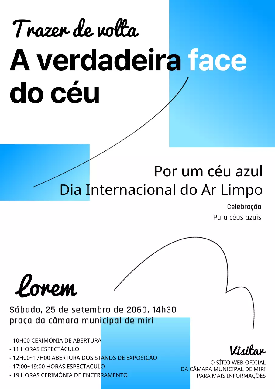 Anúncio de evento com fundo branco e pormenor de retângulo com gradiente azul claro V2