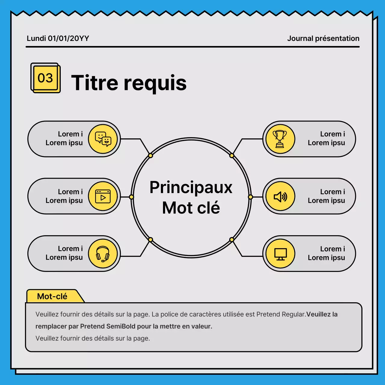 Carte de nouvelles audacieuse et attirant l'attention dans un concept de journal avec des couleurs jaune et bleu clair en accent.
