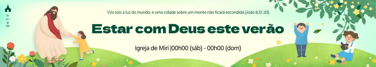 Escola bíblica num campo com um ambiente verde e quente de verão