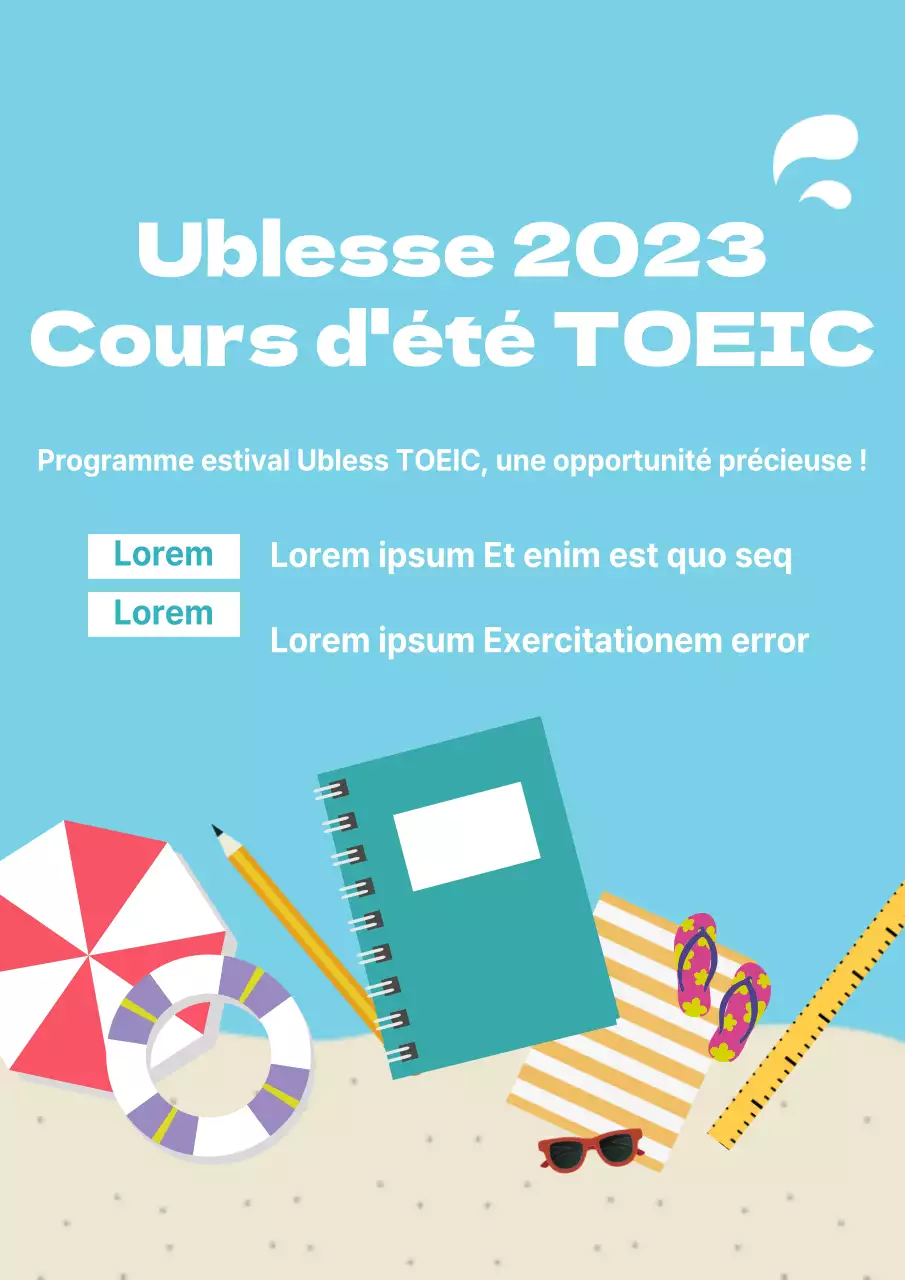 Promotion du cours d'été TOEIC avec une plage bleue et divers accessoires.