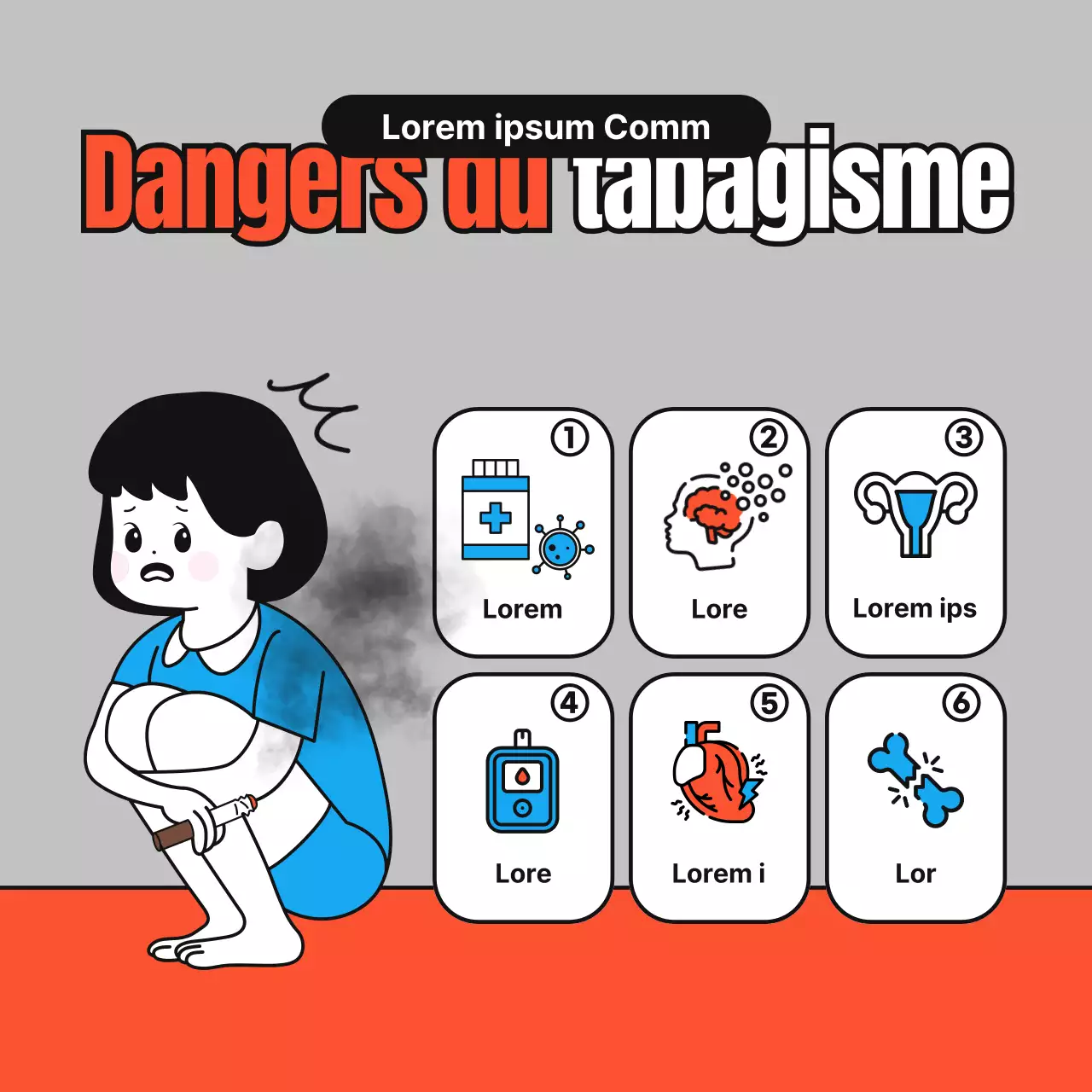 Des illustrations simples et mignonnes en rouge, bleu et gris sur la façon d'arrêter de fumer.