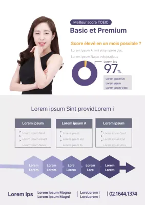 Promotion de l'école TOEIC avec des étudiants en violet et une infographie