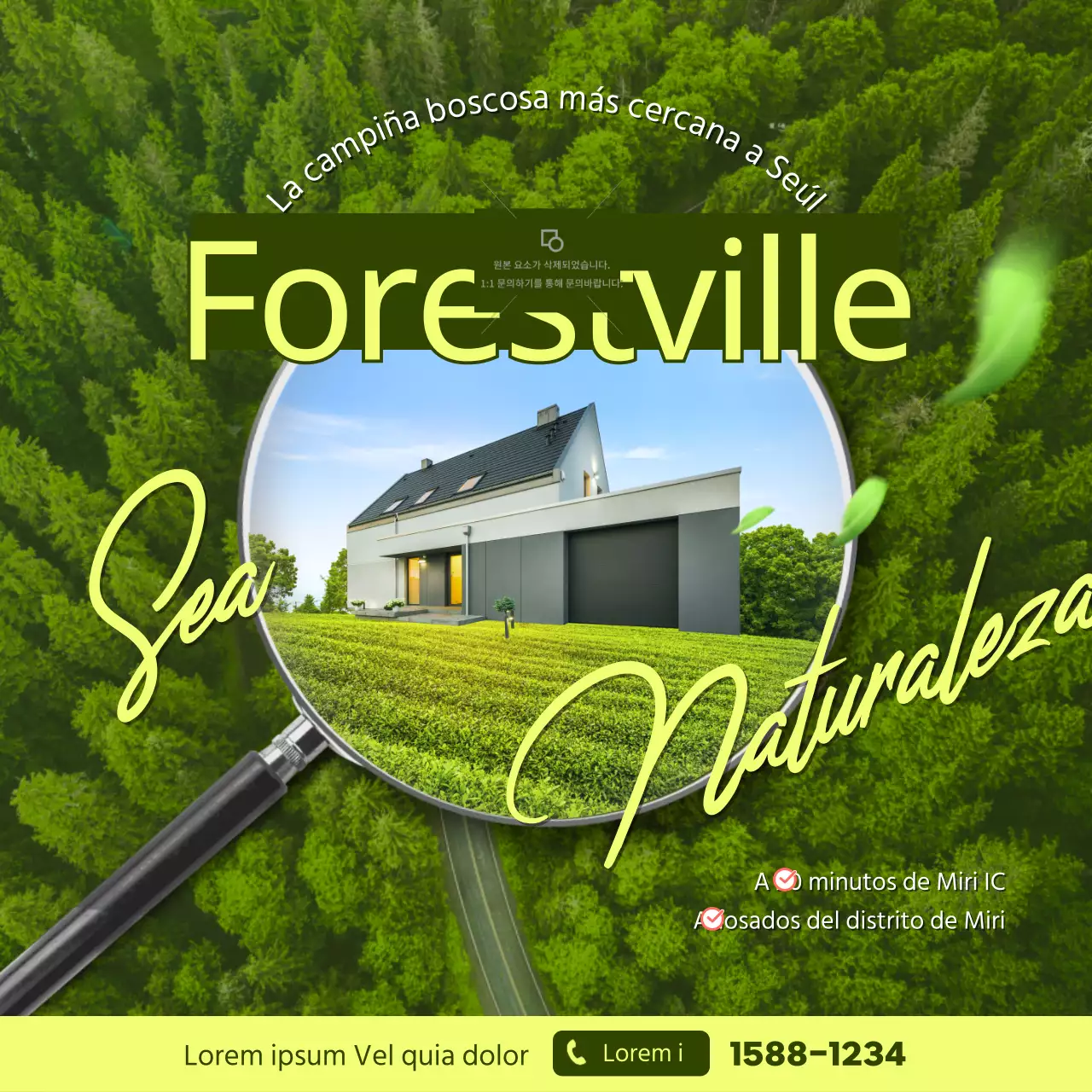 Promociona una cabaña conceptual con una vista de pájaro del vasto paisaje natural en verde chartreuse y una lupa