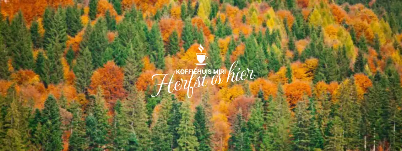 Herfstig café met cursieve accenten tegen een bergachtige achtergrond van kleurrijke herfstbladeren