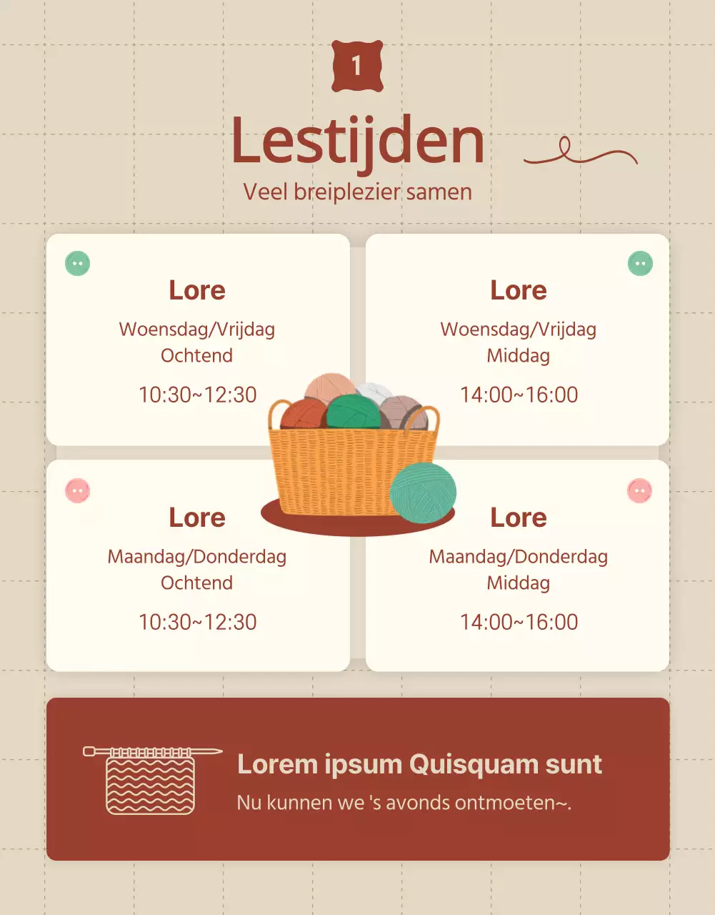 Werving promoten voor een breiklas in beige en rood.