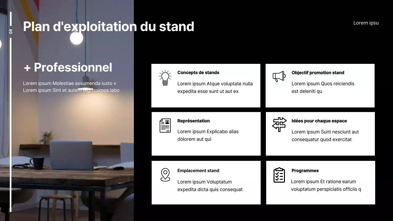 Rapport de planification d'un stand d'exposition en noir et blanc