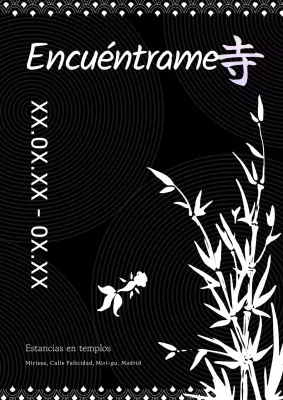 Arte promocional de la estancia en un templo, tranquilo y sencillo, con dibujos a tinta en blanco y negro.