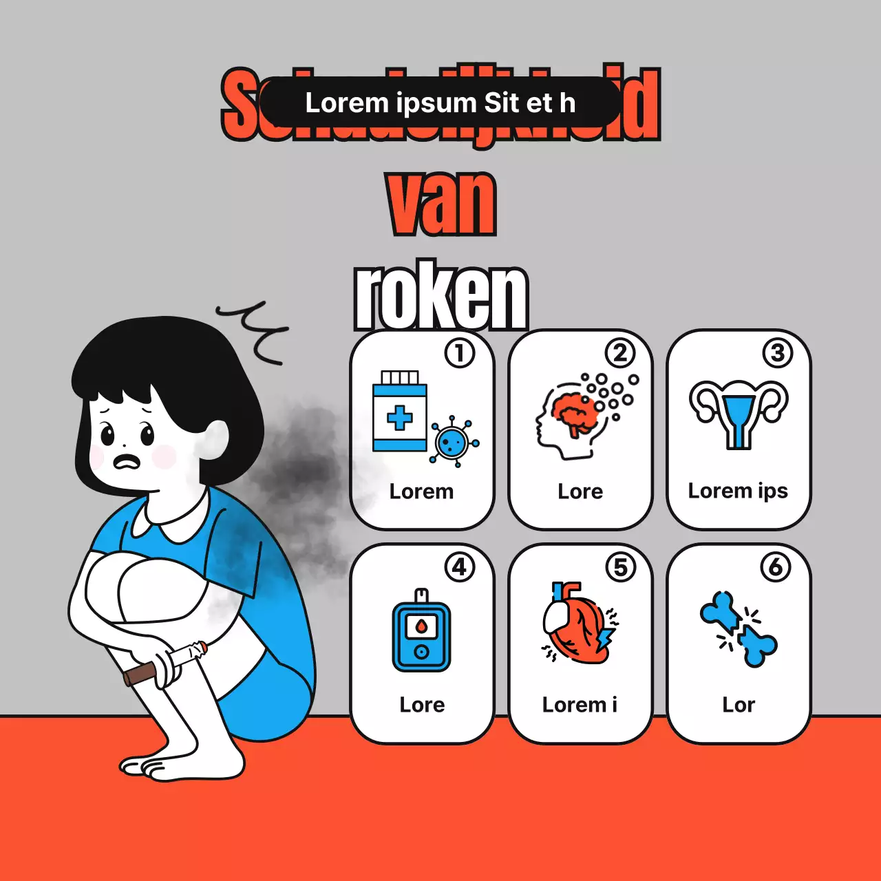 Eenvoudige, schattige illustraties in rood, blauw en grijs over stoppen met roken