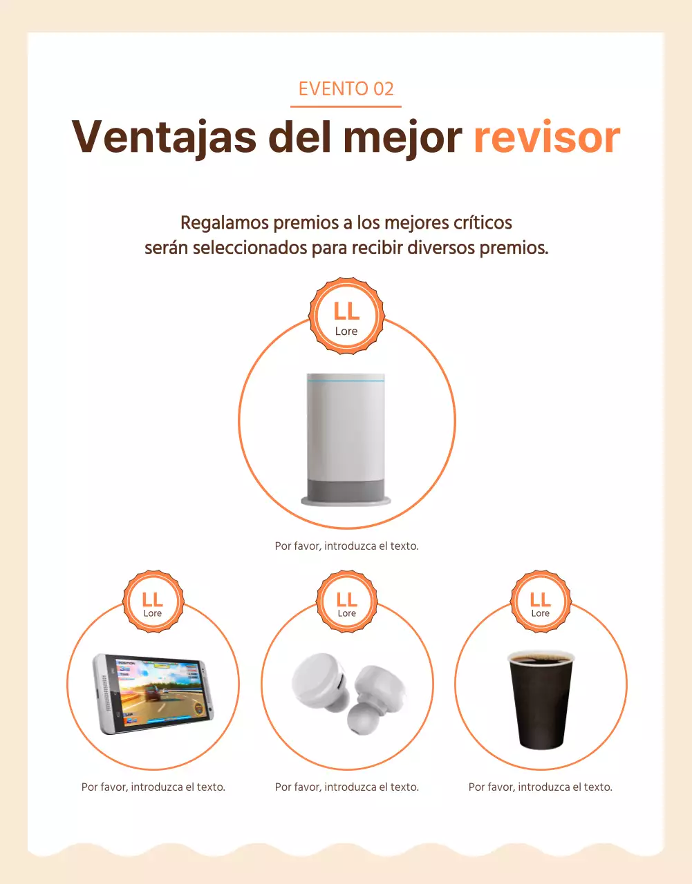 Página del evento de revisión marrón y naranja