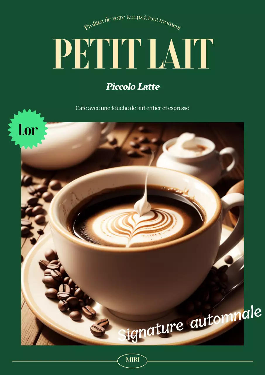 Un menu de café avec un fond vert foncé automnal, des photos de café au lait et des polices de caractères anglaises pour une touche émotionnelle.