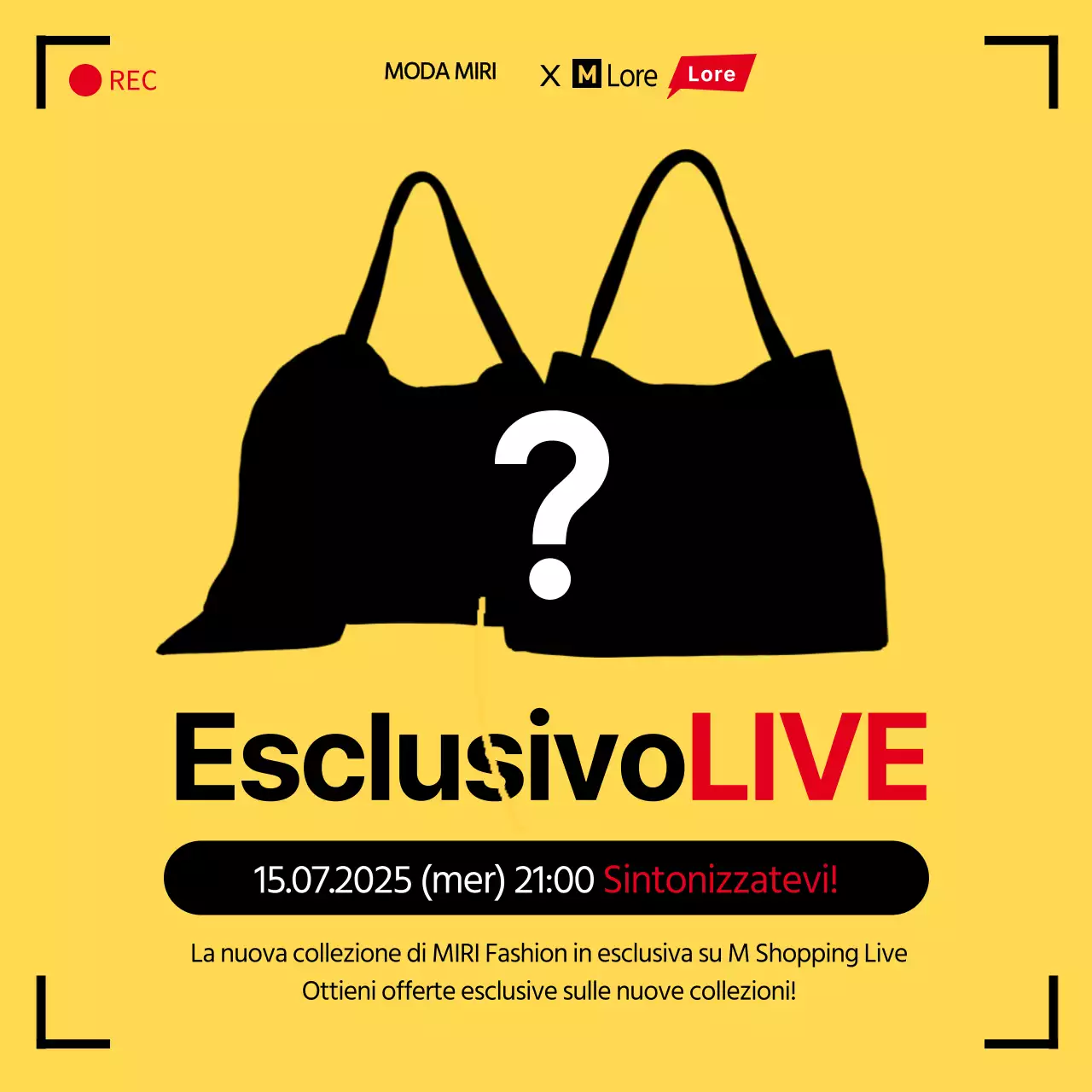 Trasmissione in diretta di shopping esclusivo con cornice di ripresa gialla