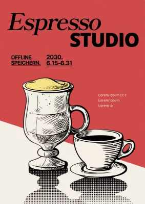 Werbung für eine neue Speisekarte in einem Café mit rotem, antikem Ambiente