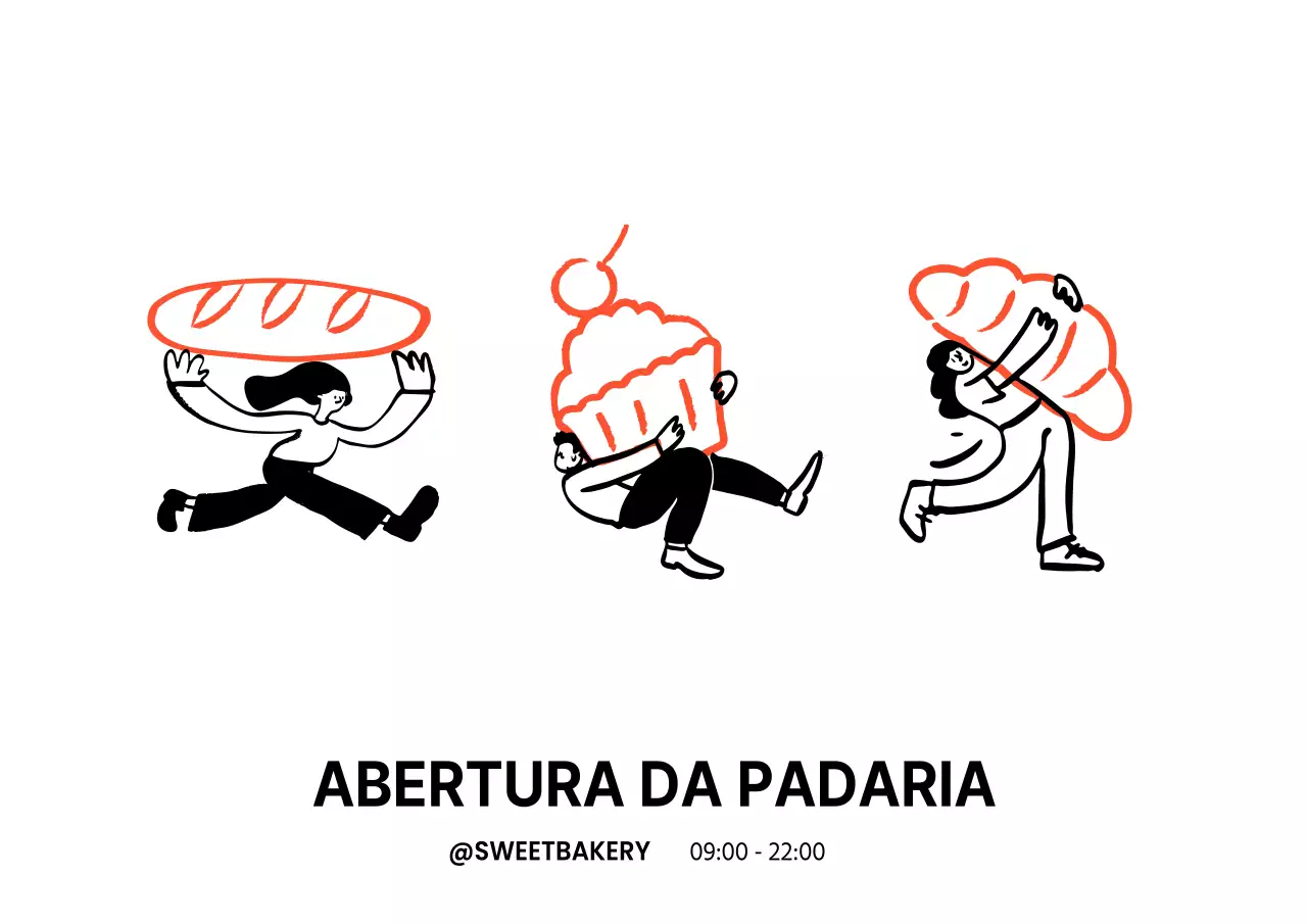 Uma padaria sentimental e luminosa com pinturas à mão em vermelho e preto