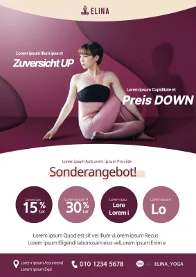 Bewerben Sie eine offene Veranstaltung mit einem Bild einer Frau, die Yoga in Lila macht.