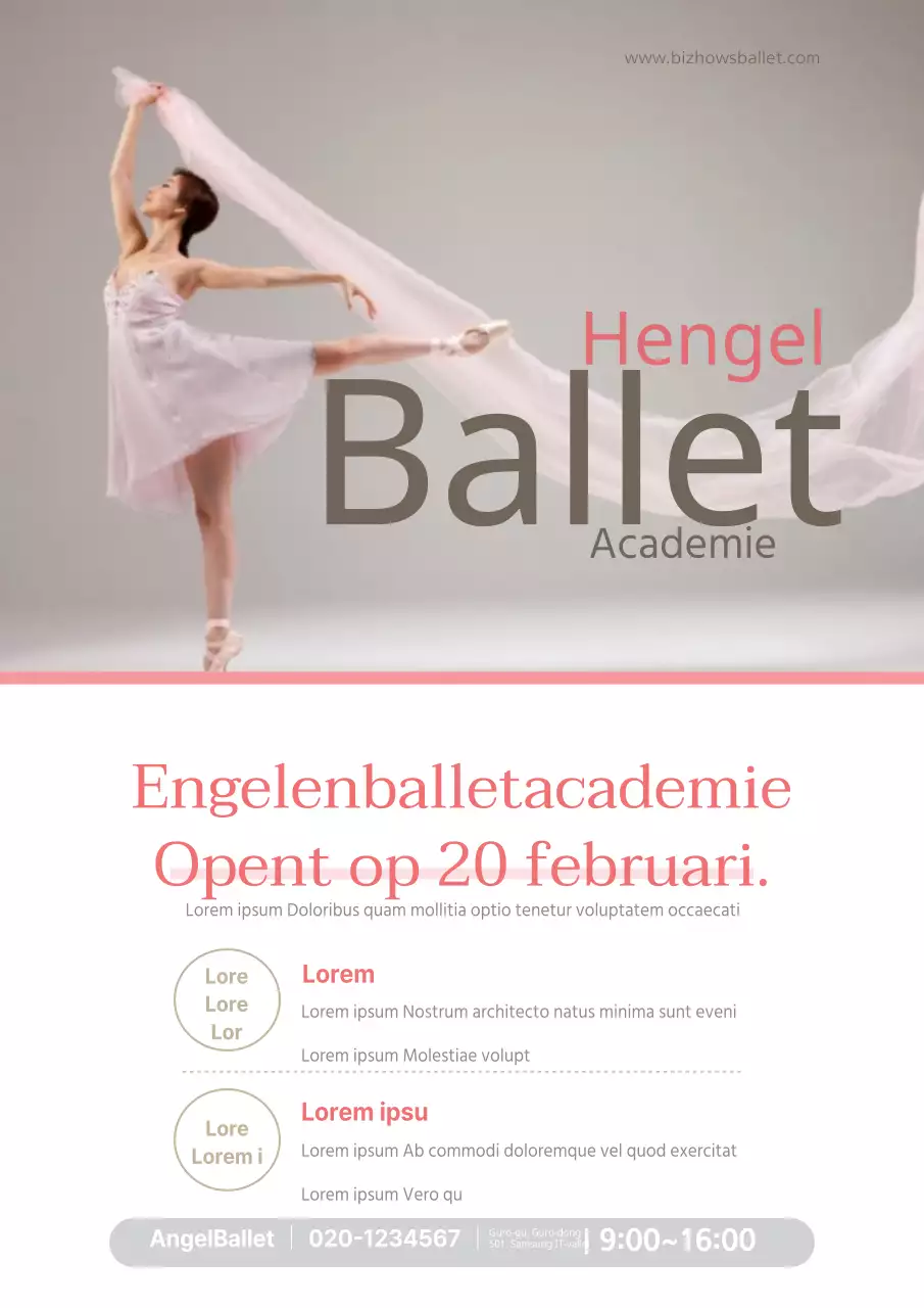 Promoot de opening van een balletacademie met een foto van een ballerina in het roze.