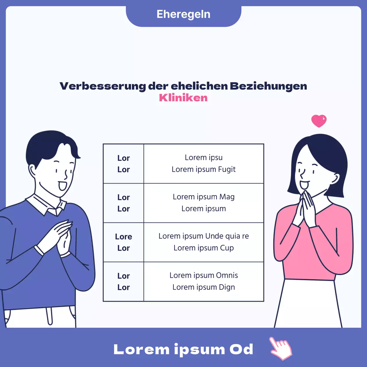 Eine Anzeige für eine niedliche Psychotherapieklinik für Paare in Rosa und Blau.