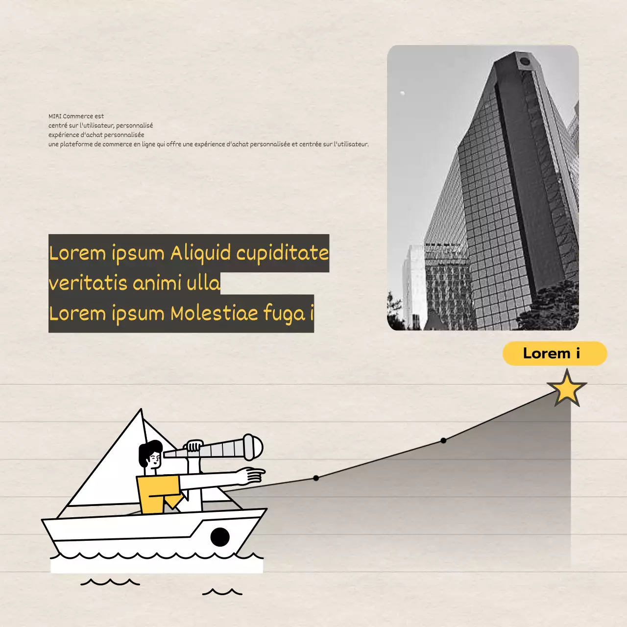 Offre d'emploi pour un stage sur fond de papier texturé et illustration en jaune et noir