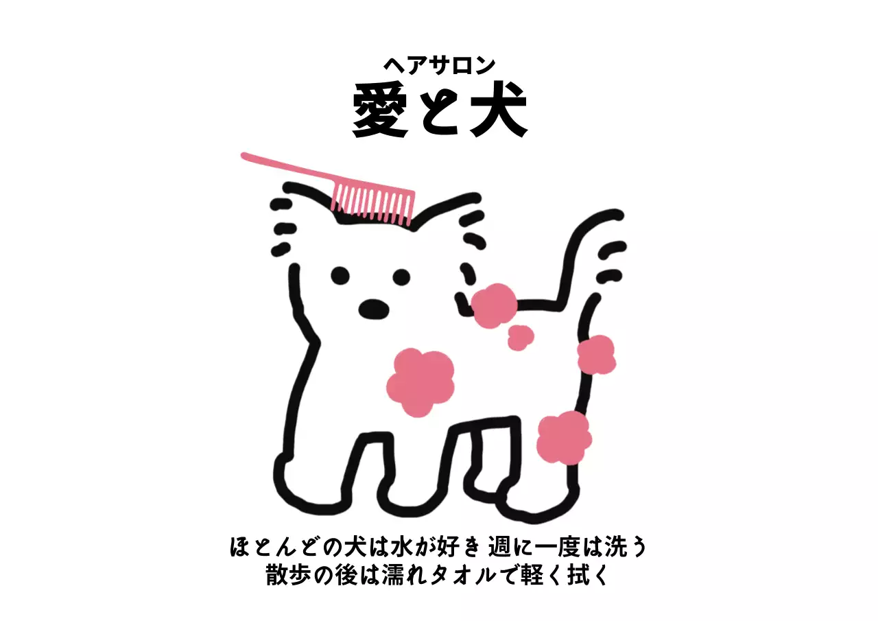 子犬とゴーアンのドローイングイラストが入った愛犬美容室