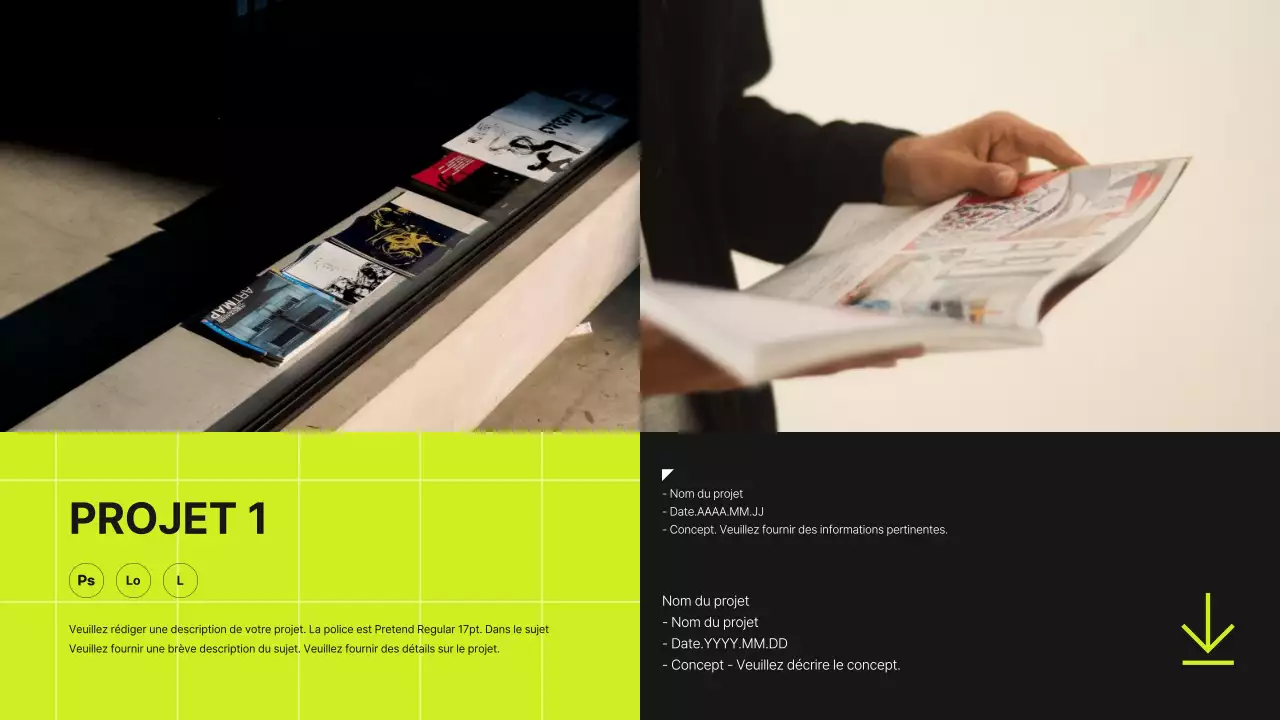 Portefeuille d'un designer avec un concept de grille en vert lime et noir