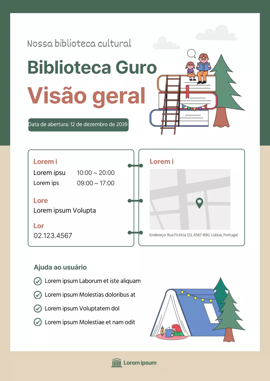 Folheto informativo verde e castanho para pequenas bibliotecas