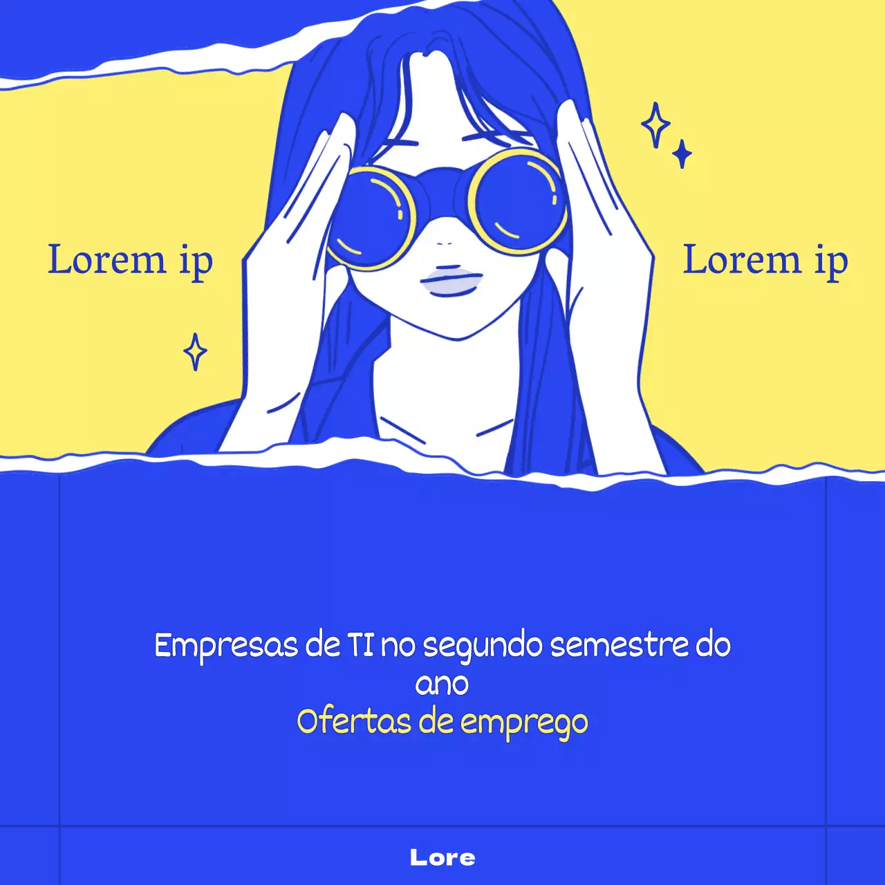 Anúncios de emprego de empresas com ilustrações elegantes e modernas em azul e amarelo.