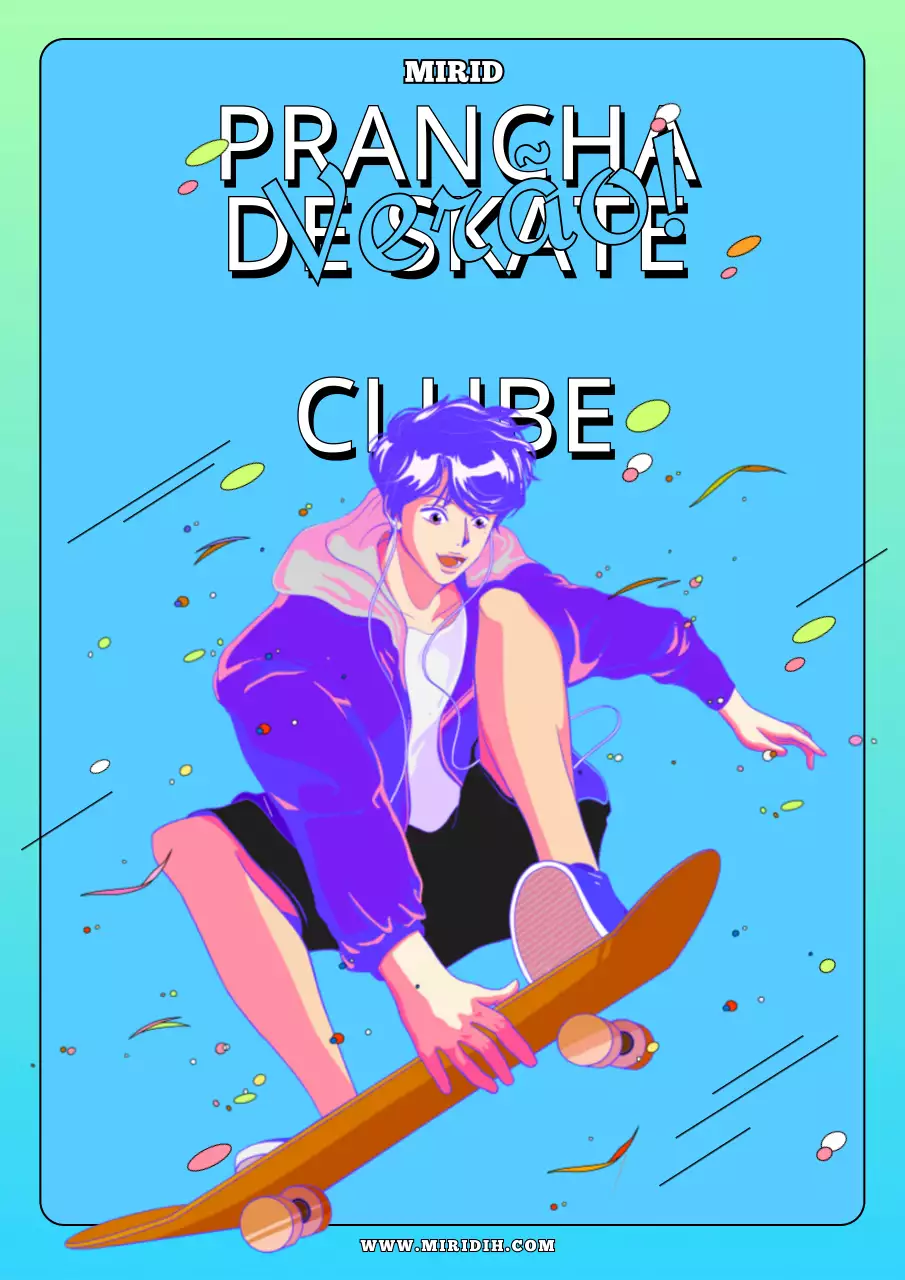 Ilustração de um homem a andar numa prancha de pop urbano numa cidade azul clara e colorida