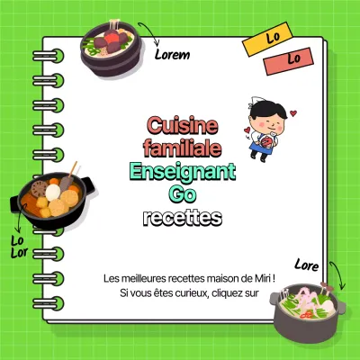 Événements relatifs à des recettes de cuisine sur fond chartreuse avec de jolies illustrations