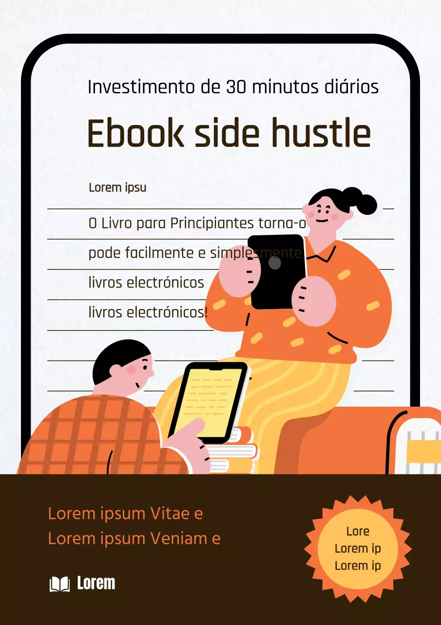 Ebook side hustle com fundo de papel texturado e ilustrações cor de laranja