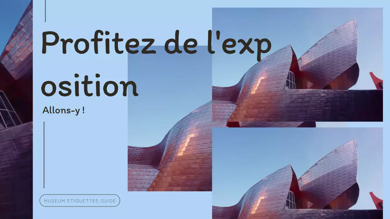 Un guide sur l'étiquette dans les musées d'art avec un concept moderne sur fond bleu clair et un cadre photo.