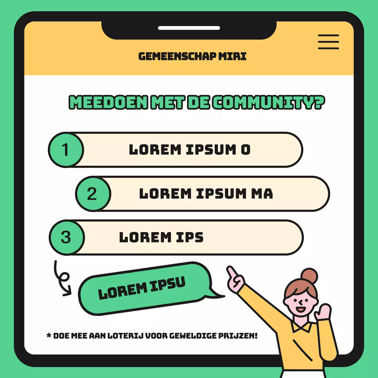 Een eenvoudig groen en geel gemeenschapsplatform promoten
