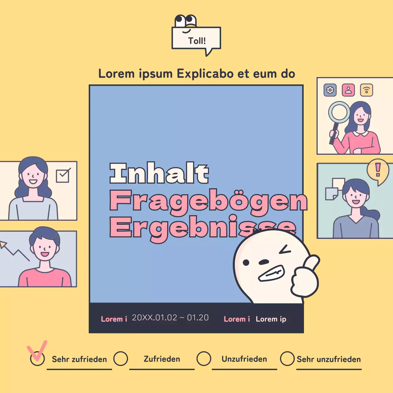 Saubere Umfragen mit niedlichen rosa und gelben Illustrationen