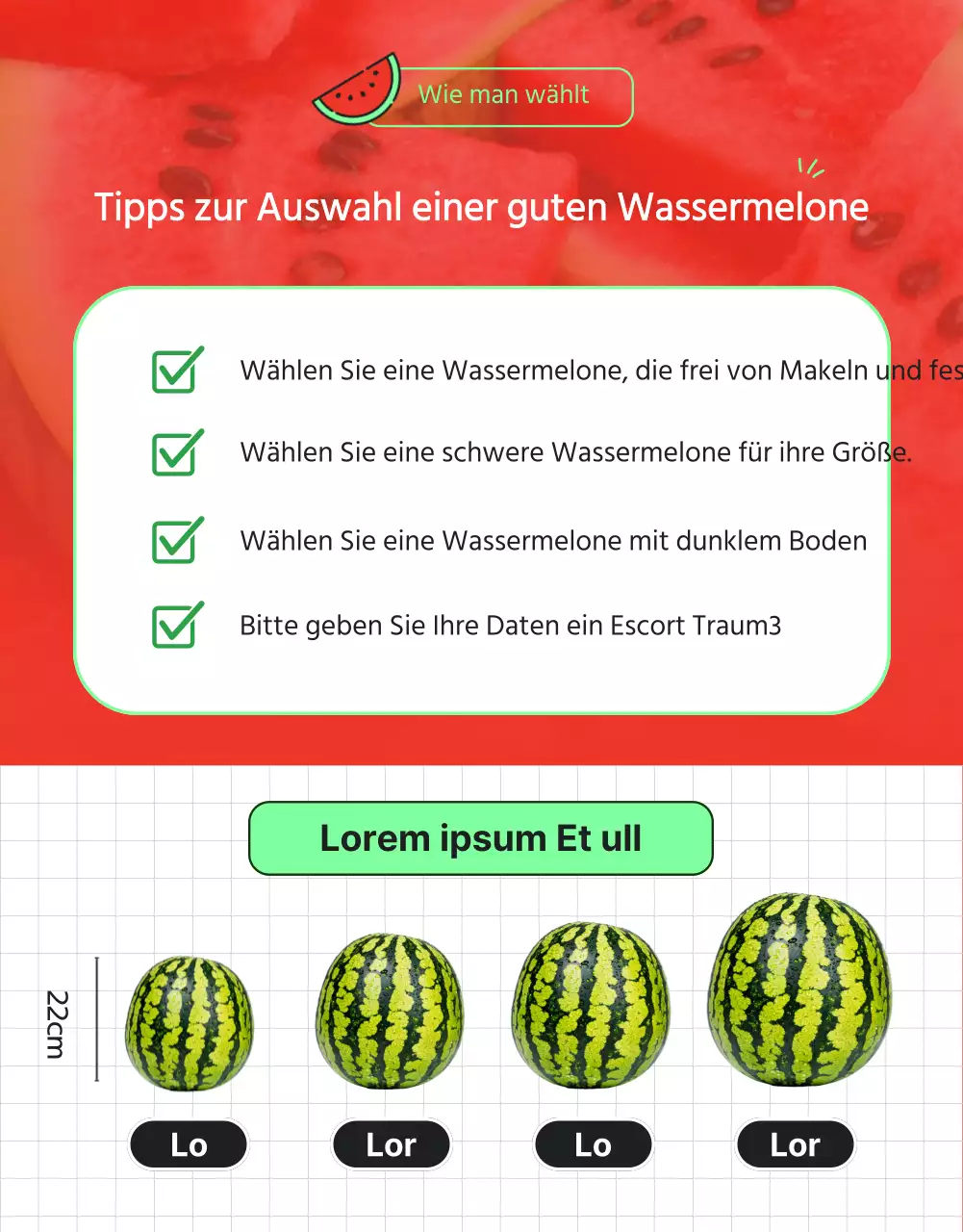 Werbung für ein Einkaufszentrum, das tropische Wassermelonen in Rot und Grün verkauft