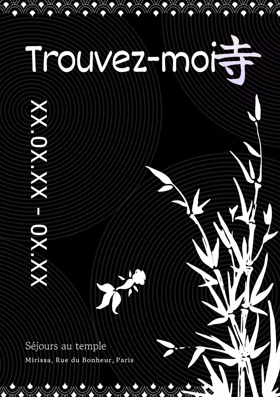 Art promotionnel du séjour au temple, calme et simple, comprenant des dessins à l'encre noire et blanche en noir et blanc.