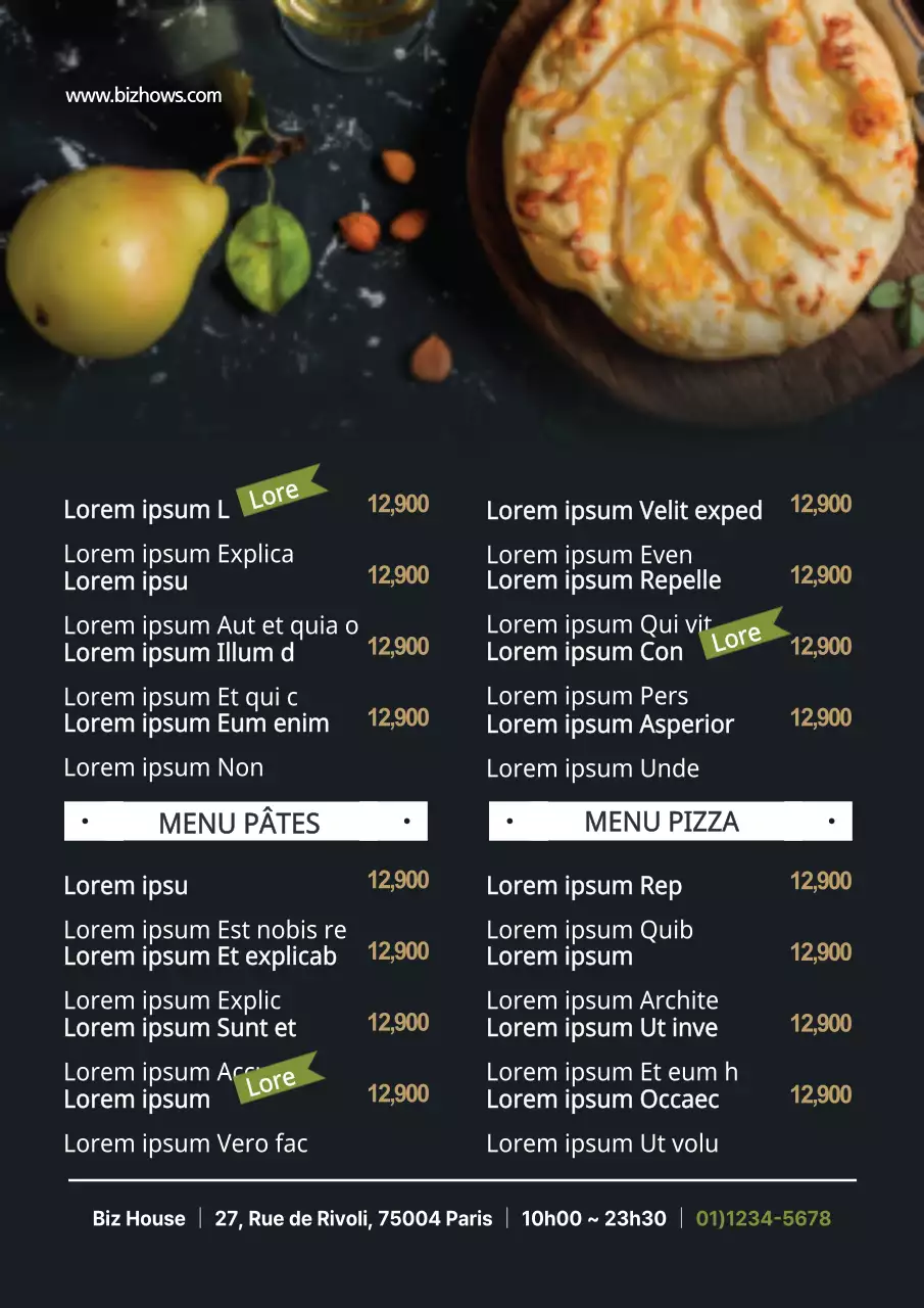 Tableau de menu simple pour un restaurant de pâtes avec des photos d'aliments en noir