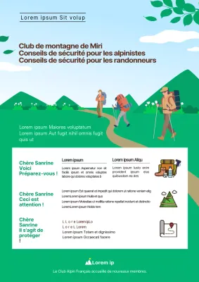 Illustration bleu ciel et verte de la Mountaineering Association avec des conseils pour une escalade en montagne en toute sécurité.