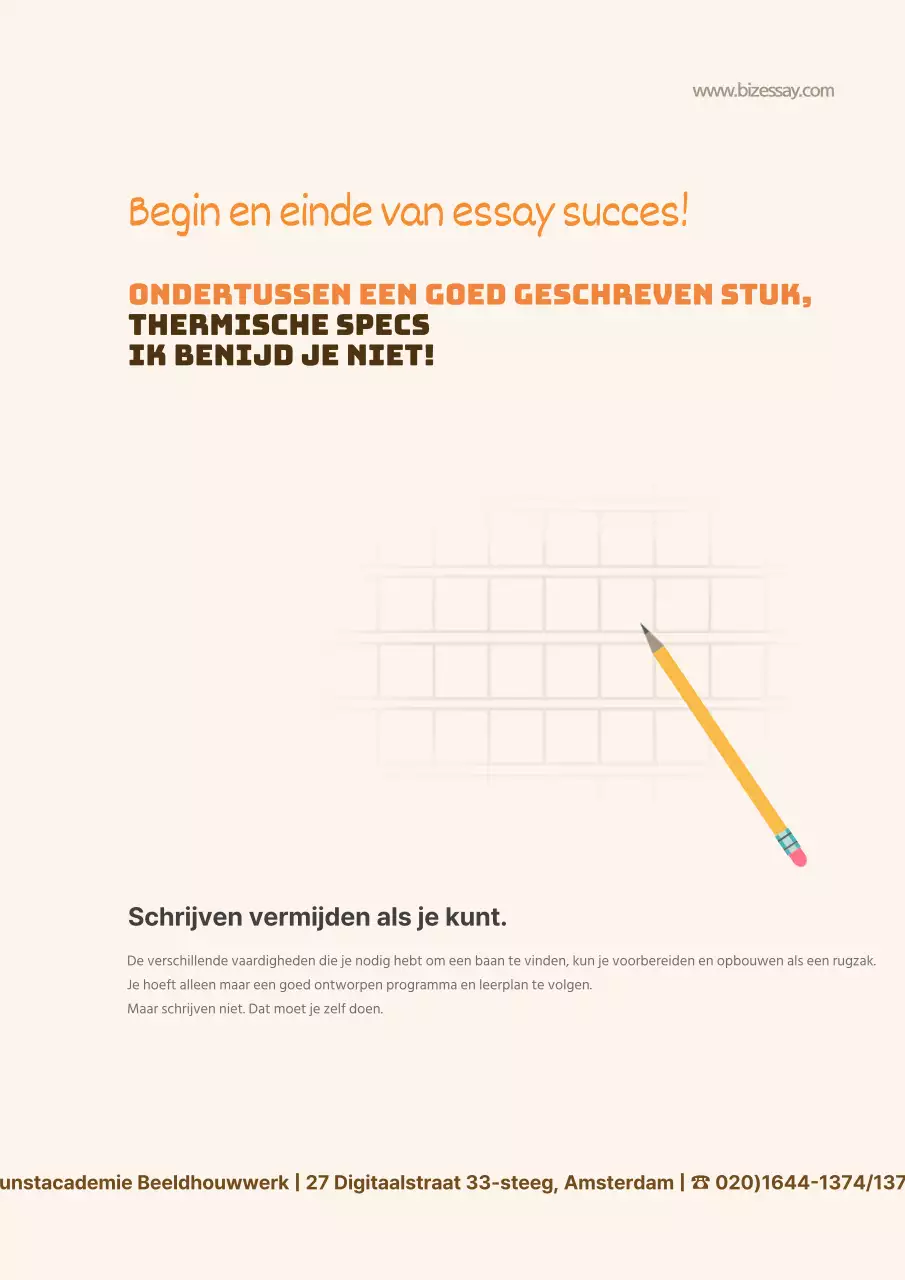 Promoot een school voor het schrijven van essays met een oranje illustratie van schrijfinstrumenten