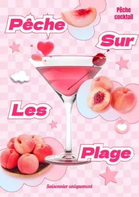 Art promotionnel adorable et kitsch sur les cocktails à base de pêche avec des emojis 3D roses et bleus clairs